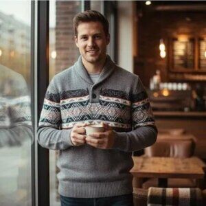 American Eagle Men's Nordic Wool Blend Shawl Collar Sweater Sz M Gray Fair Isle